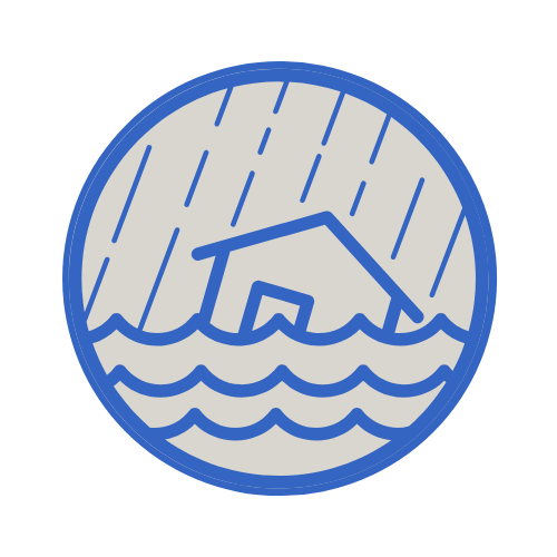 Around The Clock Restoration disaster restoration service icon showing a flooded house in heavy storm rain.