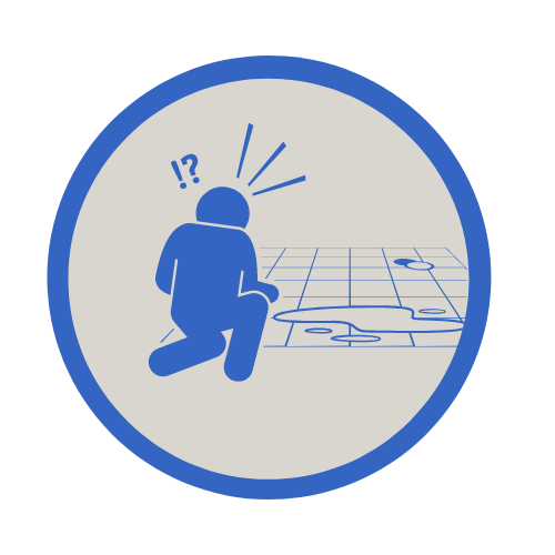 Around The Clock Restoration water damage repair icon showing a person inspecting a puddle on a tile floor.