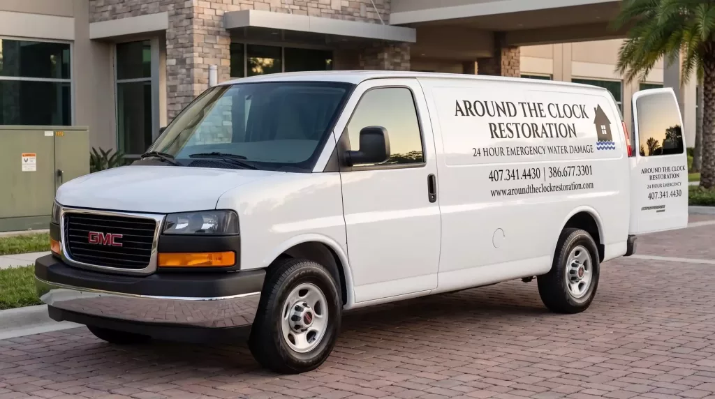 White Around The Clock Restoration emergency service van dispatched for 24-hour water leak detection and water damage repair.
