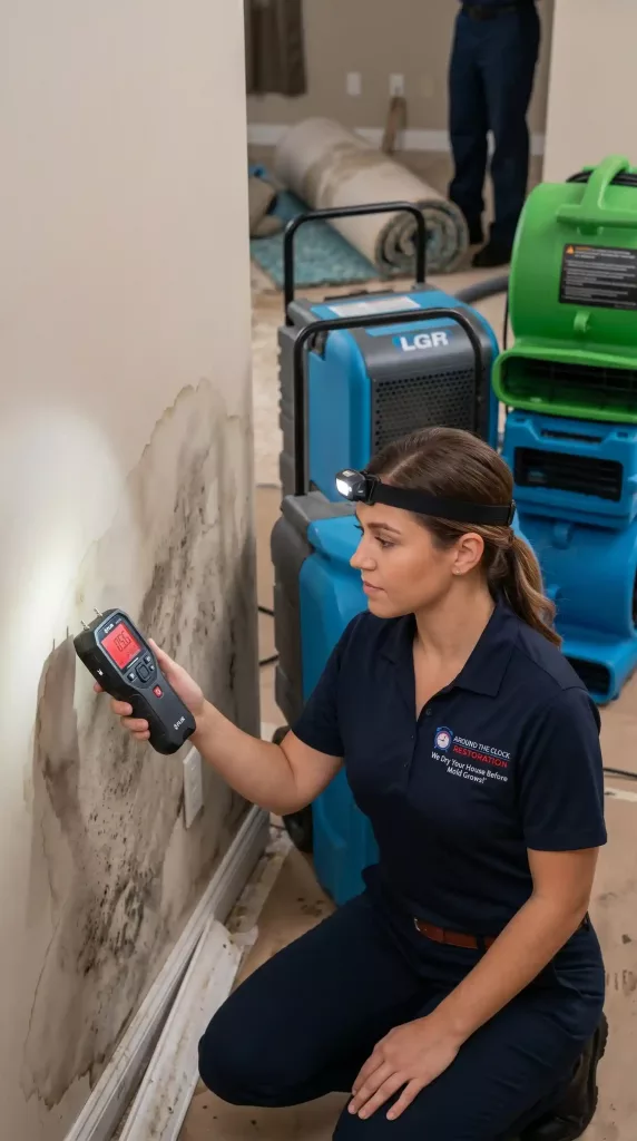 Need to get restoration help? An Around The Clock Restoration technician performs precise moisture testing on a damaged wall in a Central Florida home using a digital moisture meter.
