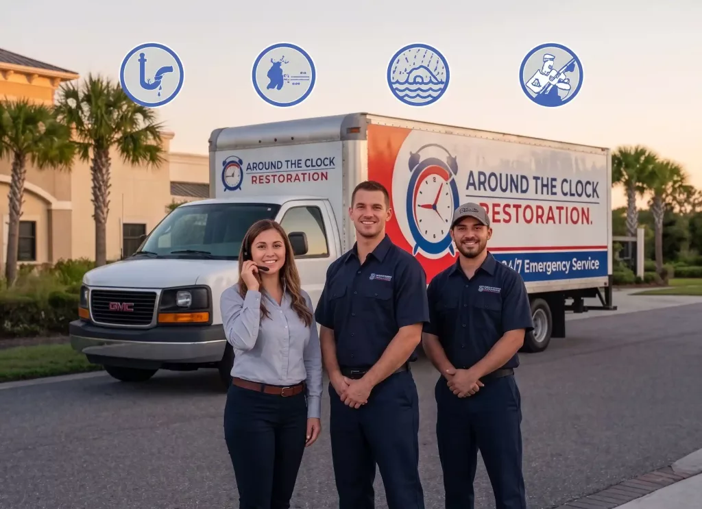 Contact Around The Clock Restoration for 24/7 emergency help. A professional team stands proudly with their branded service vehicle, ready to respond to your call in Central Florida.