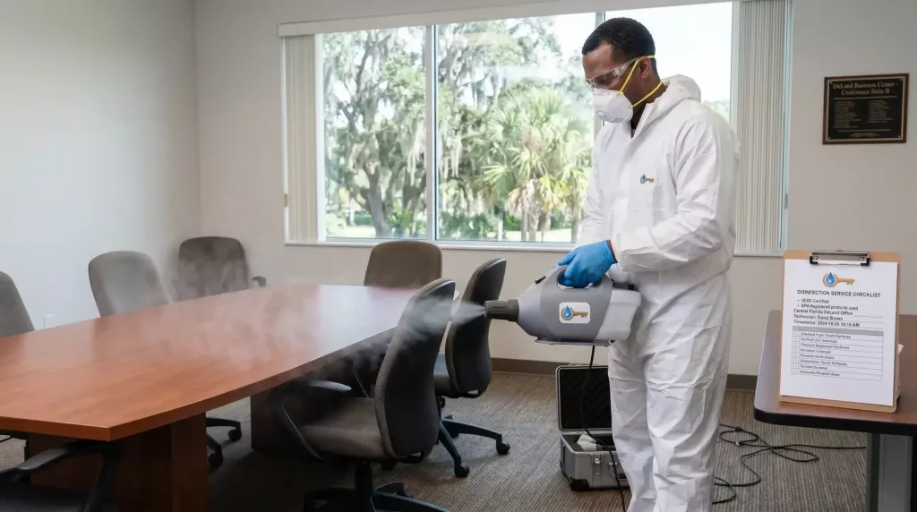 Around The Clock Restoration technician in full PPE using an electrostatic fogger to sanitize a commercial conference room table against COVID-19 in DeLand, FL.