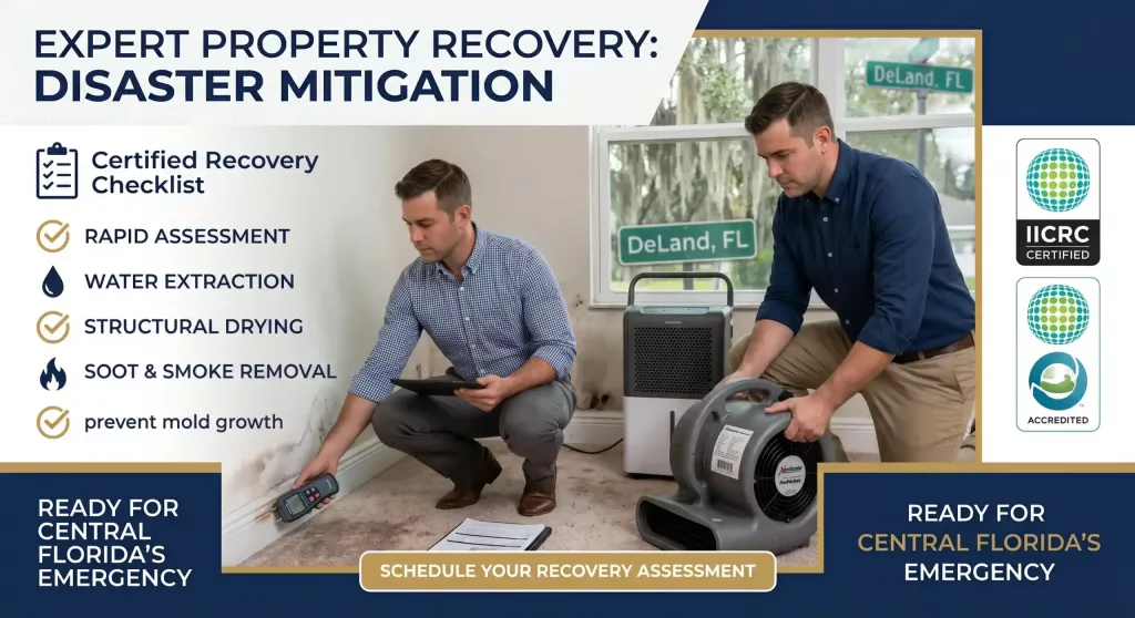 Expert property recovery and disaster mitigation graphic detailing Around The Clock Restoration's certified checklist for water extraction, structural drying, and smoke removal in Central Florida.