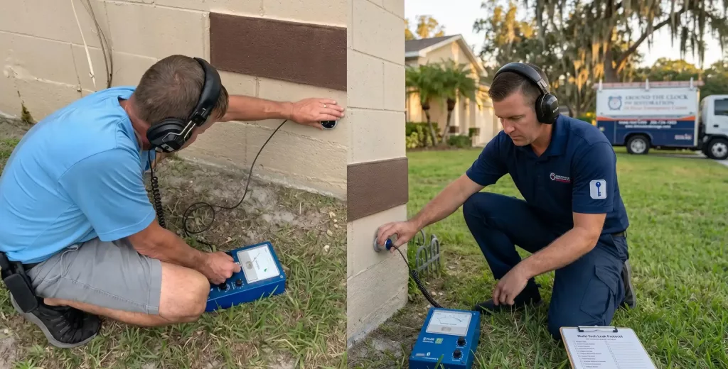 Around The Clock Restoration Technicians Using Advanced Acoustic Listening Equipment To Pinpoint Hidden Plumbing Leaks Behind A Residential Exterior Wall.