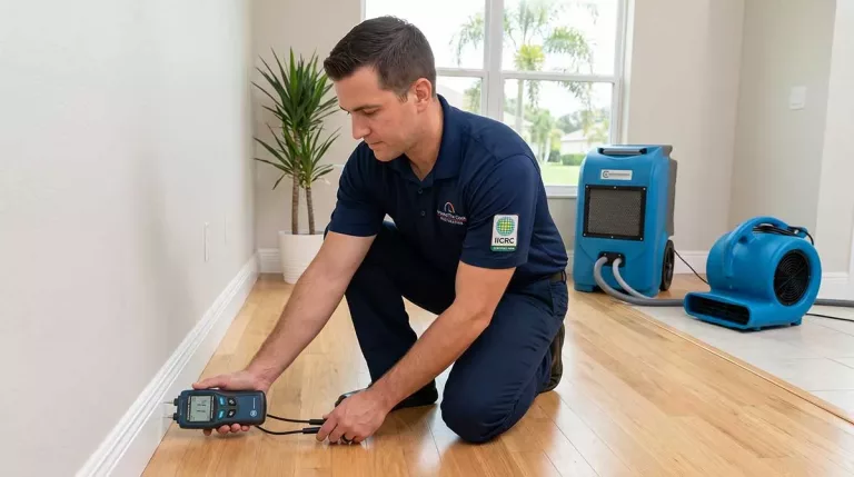 IICRC certified technician from Around The Clock Restoration using a digital moisture meter on a baseboard to check for hidden water damage.