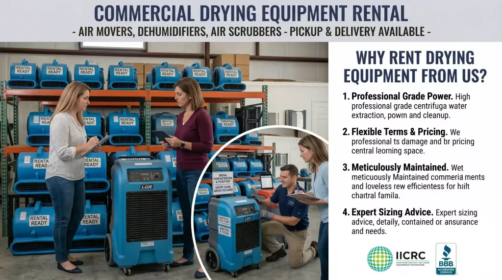 Infographic detailing the benefits of commercial drying equipment rental from Around The Clock Restoration, featuring customers renting air movers and an LGR dehumidifier.