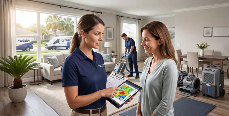 Alt Text Around The Clock Restoration specialist showing a homeowner a hidden moisture map on a tablet while a technician performs water extraction in the background.